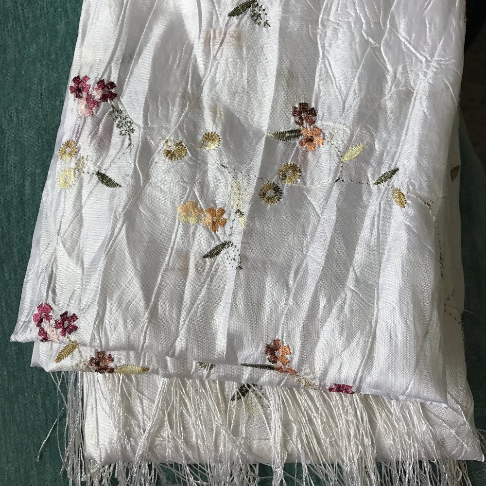 delicate white wrap / shawl /head wrap embroidered